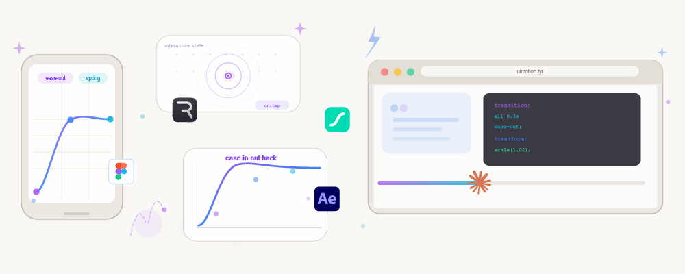 UI motion tools — easing curves, interactive states, After Effects, Rive, code